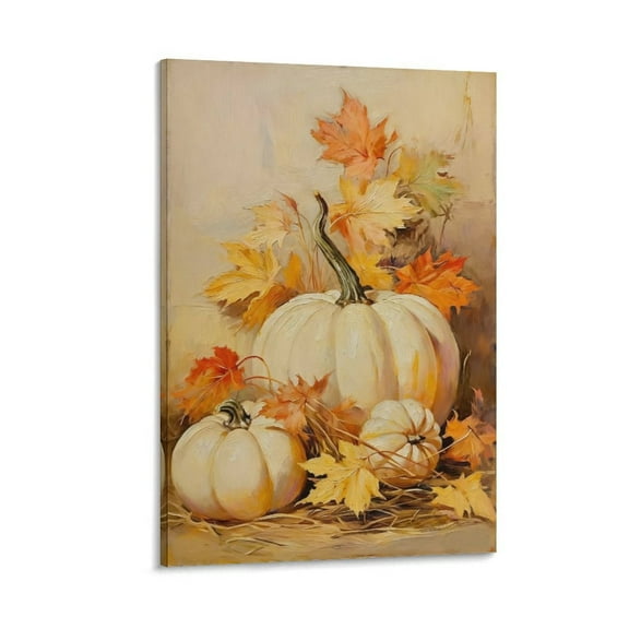 Printed on Canvas Wall Art Autumn Pumpkin Fall Leaves Thanksgiving Prints Stretched and Framed Farm Floral Retro Linen Picture Artworks for Living Room Kitchen Bedroom