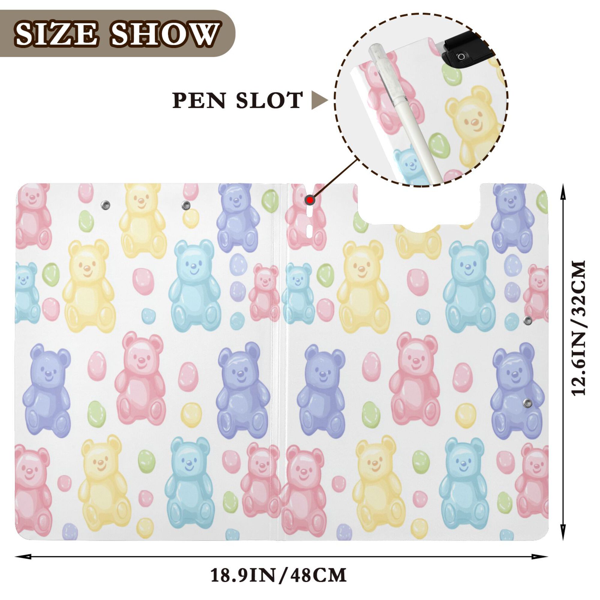 FORMRS A4 Clipboard Folder with Pen Holder Horizontal Foldable School Office Binder, Colorful Gummy Bears Pattern