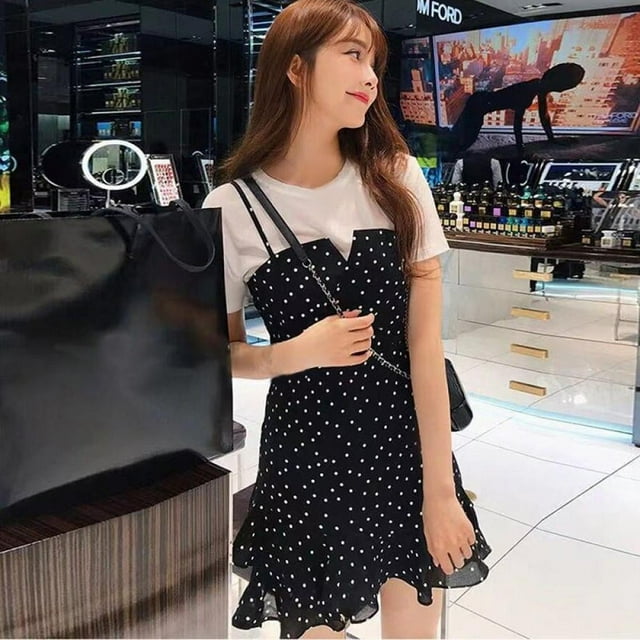 Ensemble 2 Pcs pour Femmes Été Manches Courtes Simple T-Shirt Uni + Robe Mini Camisole à Pois 2 Pcs/ensemble Noir TG