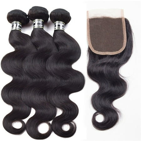 Beroyal Human Hair Lace Closure with 3 Bundles Brazilian Virgin Hair Body Wave with Closure Free Part, 14