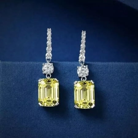 3 Ct Emerald Cut Cubic Zirconia Yellow Citrine Drop Earrings, 14K White Gold Plated Sterling Silver