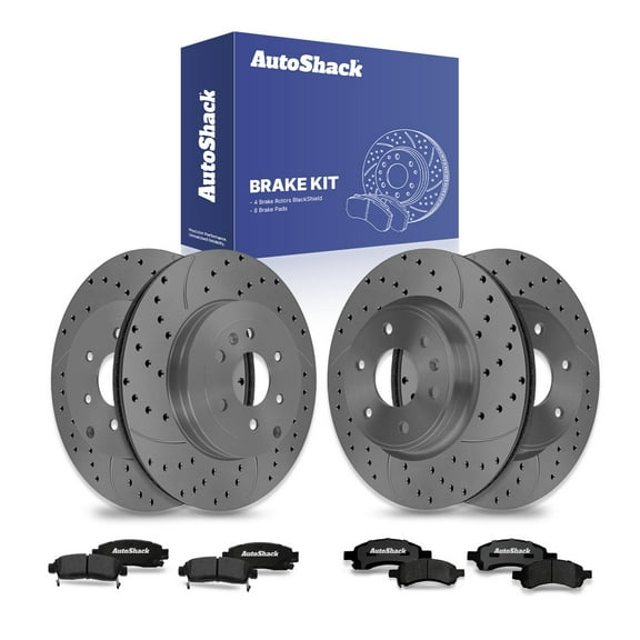 AutoShack Front Vented & Rear Vented Drilled & Slotted Coated Brake Rotors Black Matte Finish   Ceramic Pads 12-PC Brake Kit Replacement for 2007-2016 GMC Acadia 2008-2017 Buick Enclave BlackShield