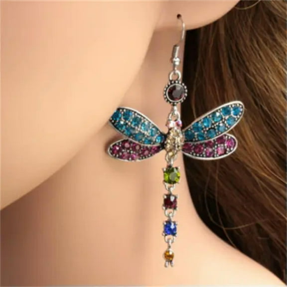 HOOUN Creative Dragonfly Shaped Cubic Zircon Women Jewelry 925 Silver Drop Earrings-Multicolor