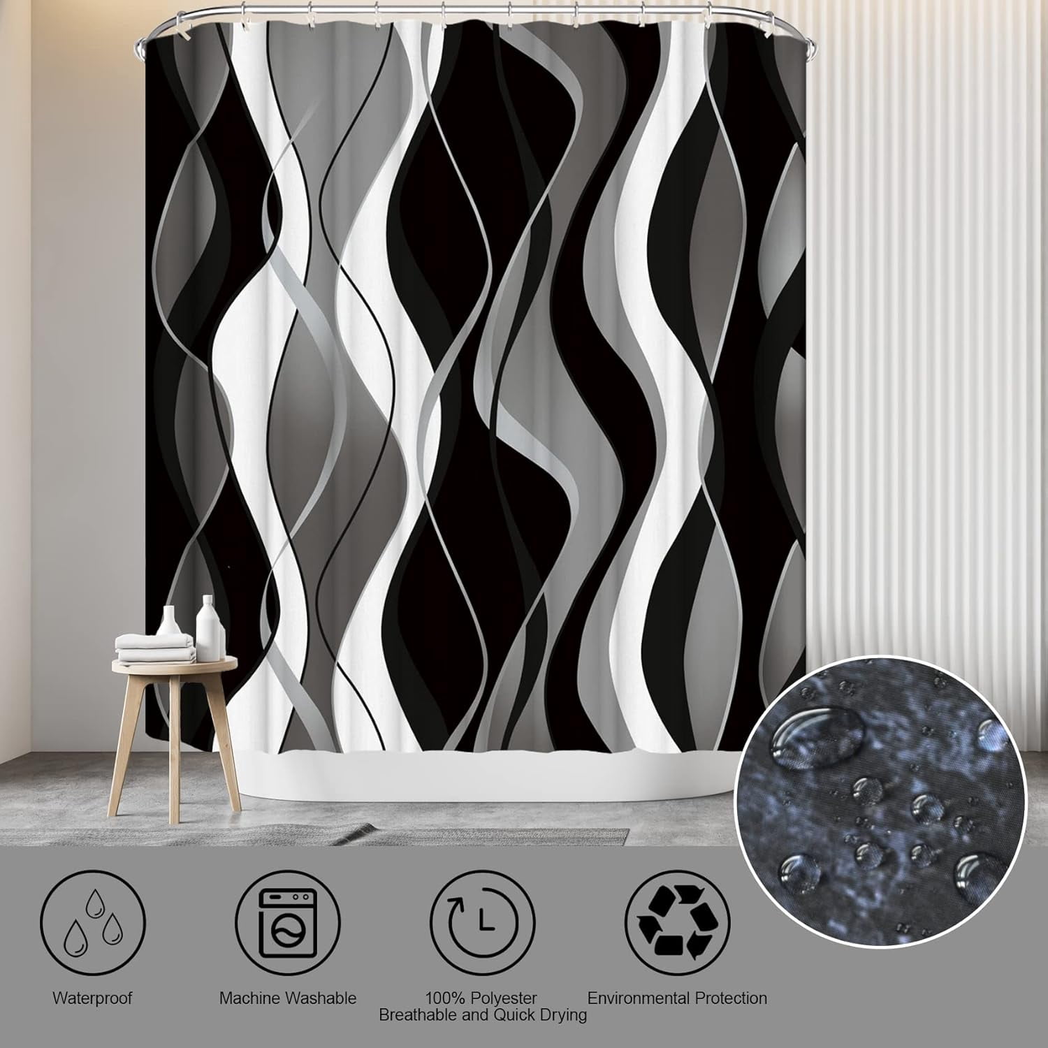 4Pcs Pink Shower Curtain Sets with Non-Slip Rugs, Toilet Lid Cover and Bath Mat, Black and Gray Bathroom Decor Set Accessories Fabric Waterproof Shower Curtains with 12 Hooks, 72 x 76 Inch
