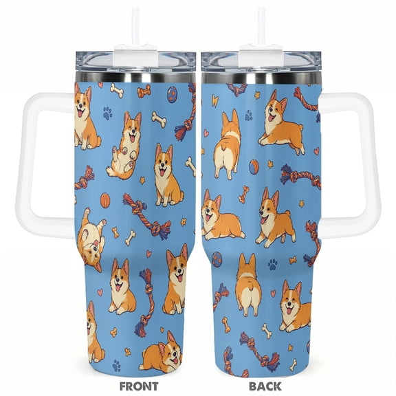 40oz Cute Corgi Dog Car Tumbler with Handle and Straw Gift Stainless Steel Insulated Travel Coffee Cup for Dog Lovers