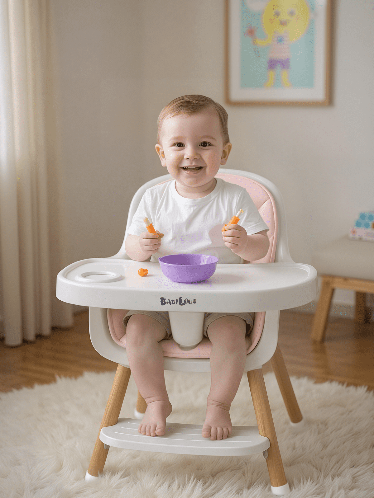 Babilous Baby High Chair, Wooden Highchair with Removable Tray, Adjustable Legs, Cushion, 5-Point Harness and Footrest for Infants, Baby, Toddlers, Pink