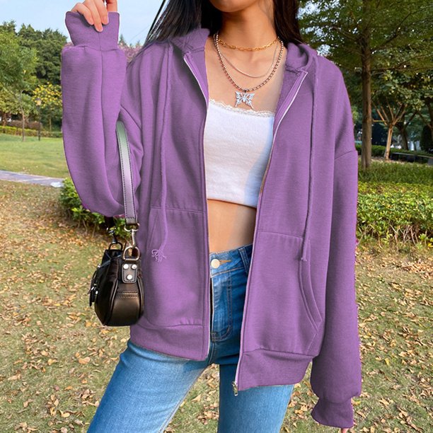 Chaqueta Sudadera básica para mujer, corte holgado, con capucha, estilo informal, con cremallera, ropa de calle, traje Kuymtek Púrpura S para Mujer