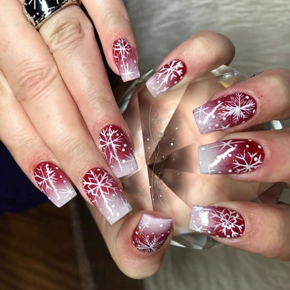 Durability ABS Press On Nails Pack of 24 Red White Snowflake Christmas Fake Nails Easy Application for Long Last Wear