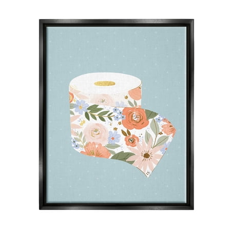 Stupell Industries Spring Floral Print Toilet Paper over Blue Jet Black Framed Floating Canvas Wall Art, 16x20, by Loni Harris