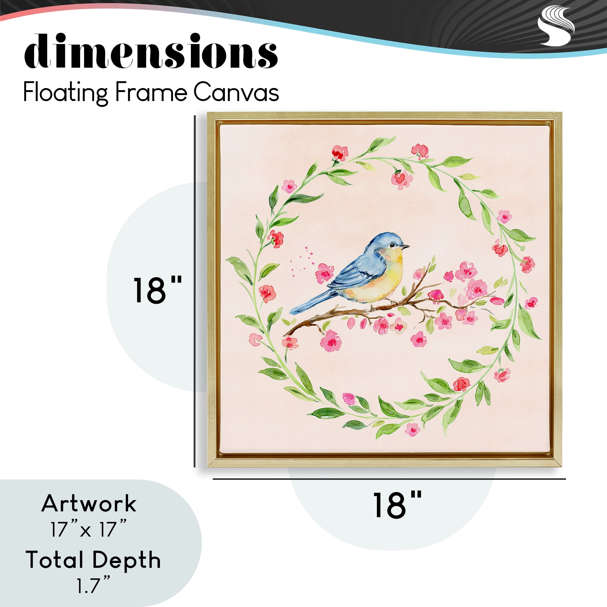 Spring Bird Wreath Perch Gold Framed Floater Canvas Wall Art, design by Elena Fay