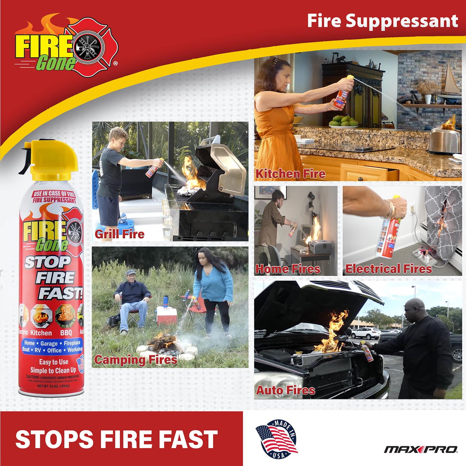 (4 pack) Fire Gone 16 oz Fire Extinguishing Spray - Aerosol Can -FFF-Foaming Agent -(Pack of 1) Cooking & Household
