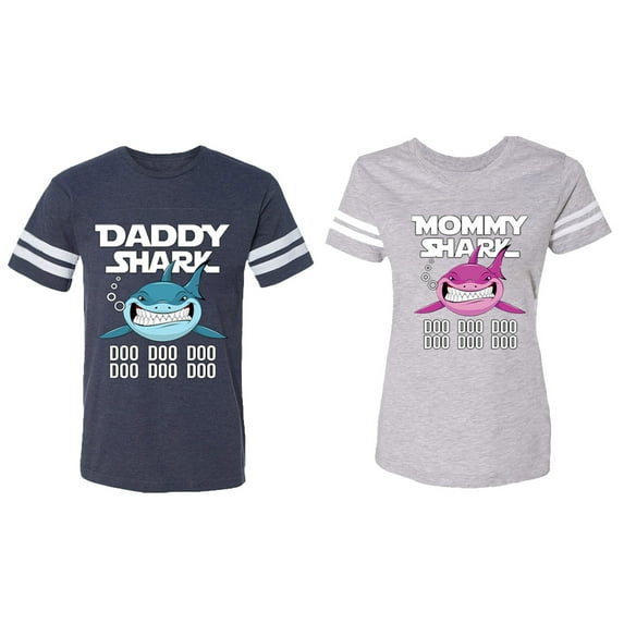 Dady Mama Shark Matching Couple Cotton Jerseys (Men Navy / Women Heather) (Men XL / Women XXL)