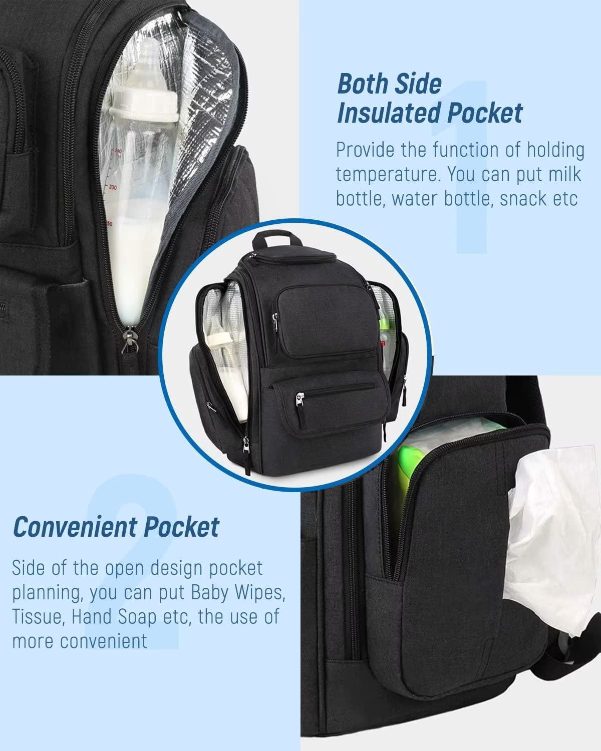 Mancro Diaper Bag Backpack, Waterproof Travel Backpack with Stroller Straps and 2 Side Insulated Pockets, Black