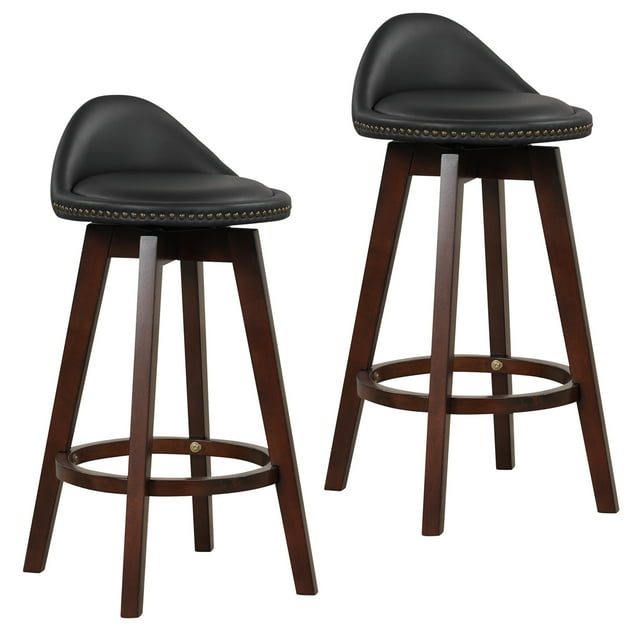 Costway Juego de 2 Taburetes Giratorios de Bar, Sillas de Altura Alta de Bar con Respaldo Bajo y Patas de Madera de Caucho, Taburete sin Brazos para Cocina, Pub y Café, Negro y Marrón