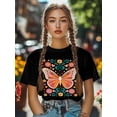 thumbnail image 5 of Women's T-Shirt Colorful Butterfly Abstract Mexican Flowers Short Sleeve Casual Tee Classic Crew Neck T Shirt for Women Black, 2XL, 5 of 7