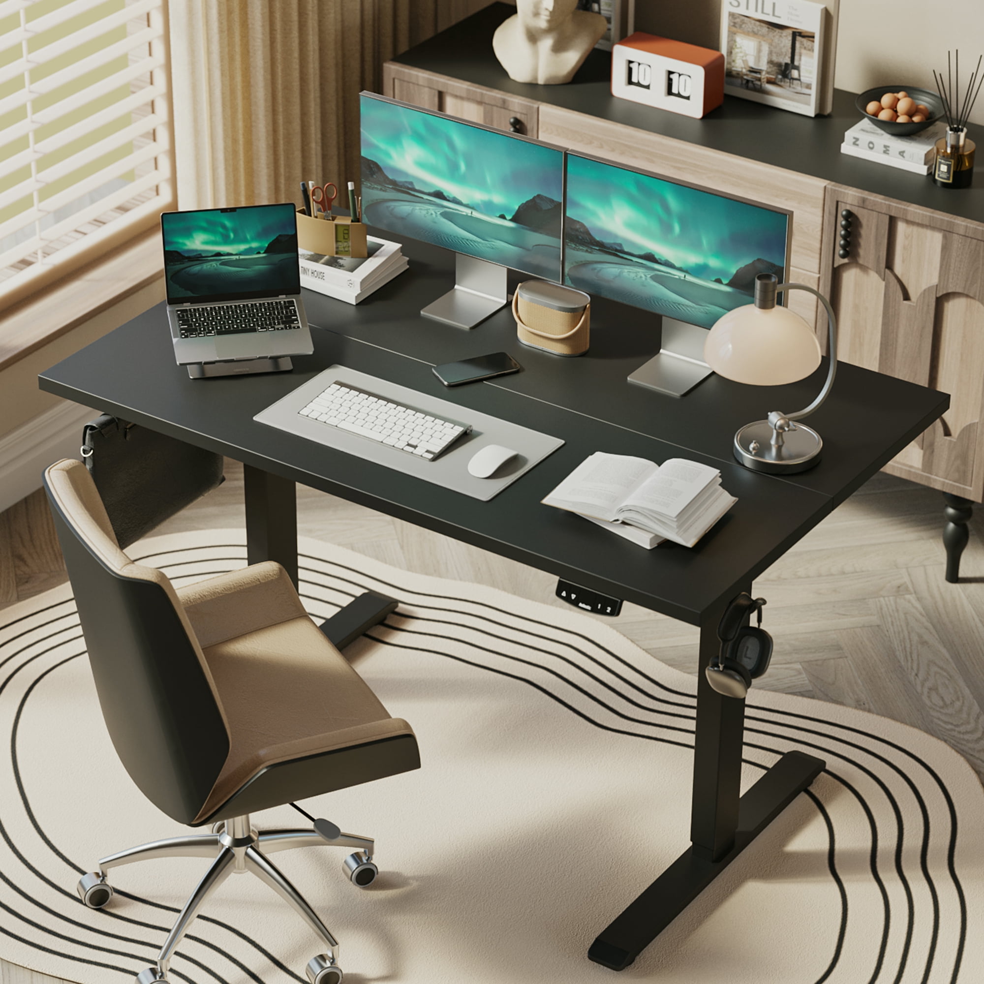 47.2 Inch Electric Height Adjustable Standing Desk, Ergonomic Home Office Desk with Memory Preset, Sit to Stand Computer Desk with Hooks, Black