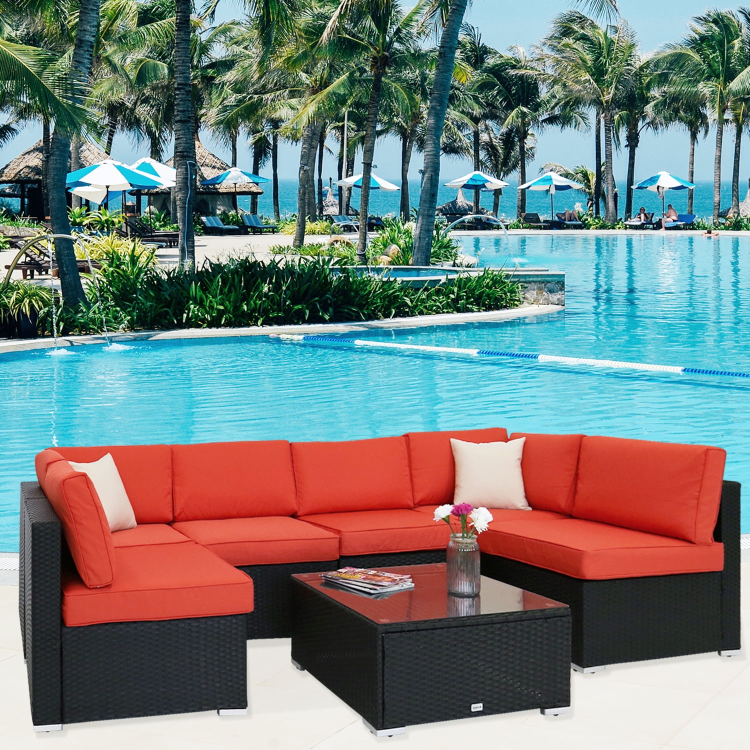 Kinbor 7pcs Outdoor Furniture Pe Rattan Wicker Sofa Sectional Kinbor 7pcs Outdoor Furniture Pe Rattan Wicker Sofa Sectional Cushioned Deck Couch Set Orange