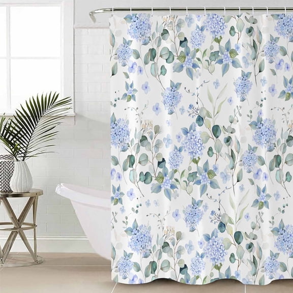Blue Flower Small Stall Shower Curtain, Waterproof Shower Curtains for Bathroom, Sage Green Eucalyptus Leaf Farmhouse Country Washable Fabric Cloth Bath Curtain for Bathtub with Hooks 36x72 Inches