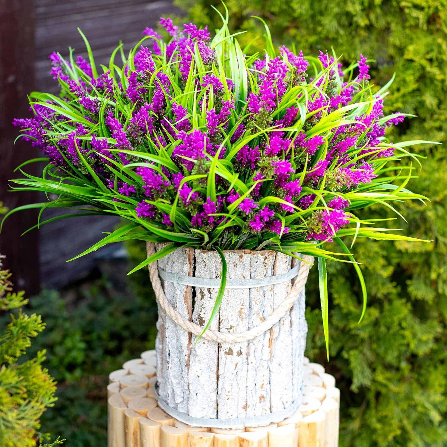 4PCS Artificial Flowers for Outdoors, Fake Lavender with Grass UV Resistant Plastic Faux Autumn Plants for Garden Thanksgiving Home Decor (Magenta)