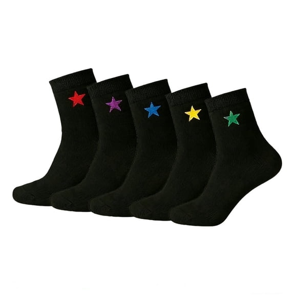Cfweater Women's Cotton Mid-Calf Black Socks with Five-Pointed Star Design, Breathable Lightweight, Soft Fabric, Machine Washable, 5 Pairs ，size 5-9