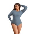 thumbnail image 3 of POSESHE Women's Plus Size Long Sleeve Bodysuit,Slim Fit Crew Neck Tops Cotton Bodysuit for Women,Danny Blue,Size M, 3 of 8