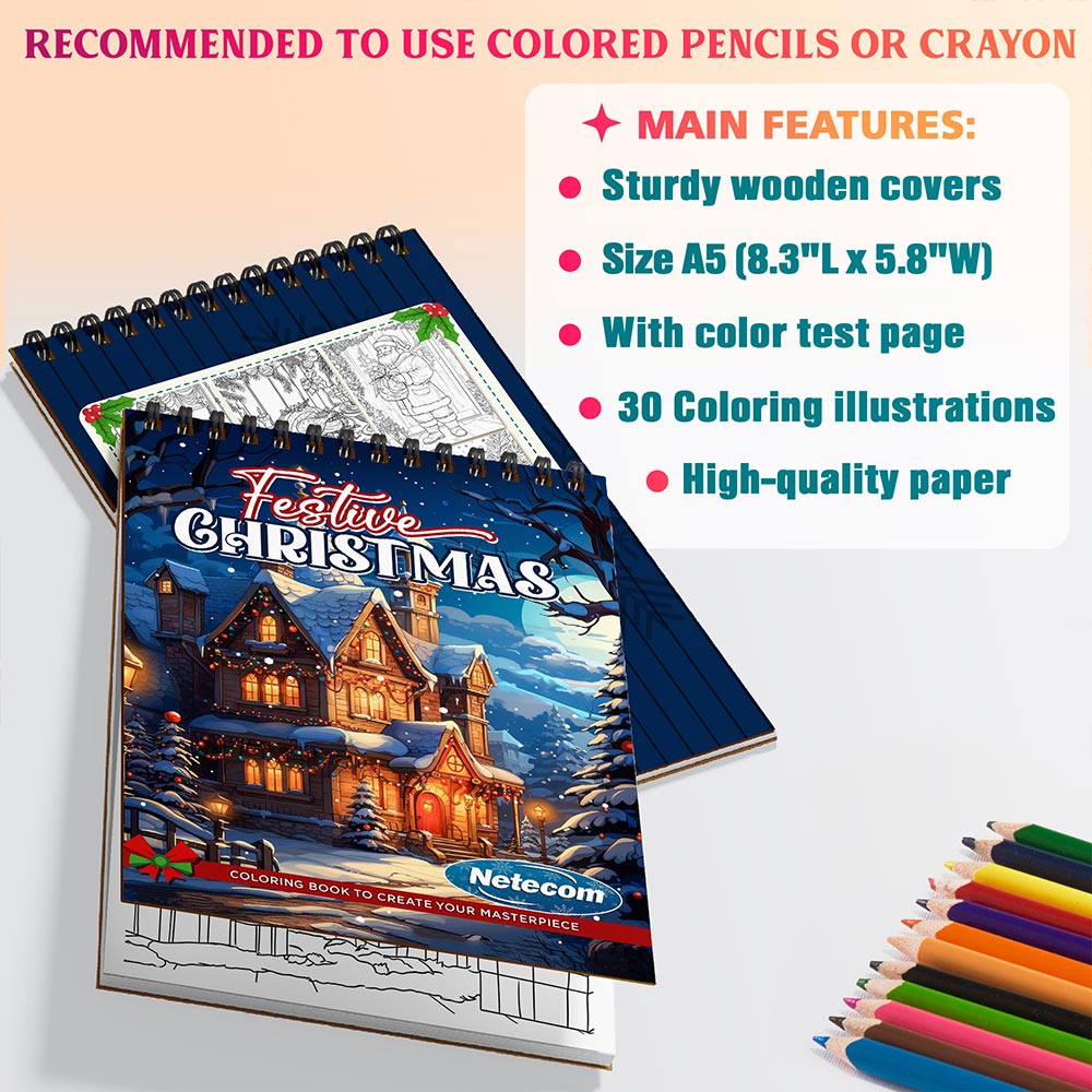 Netecom Festive Christmas Coloring Book Spiral Bound for Adults, A5 Wooden Cover, 30 Beautiful Coloring Pages of Xmas Day for Stress Relief and Relaxation