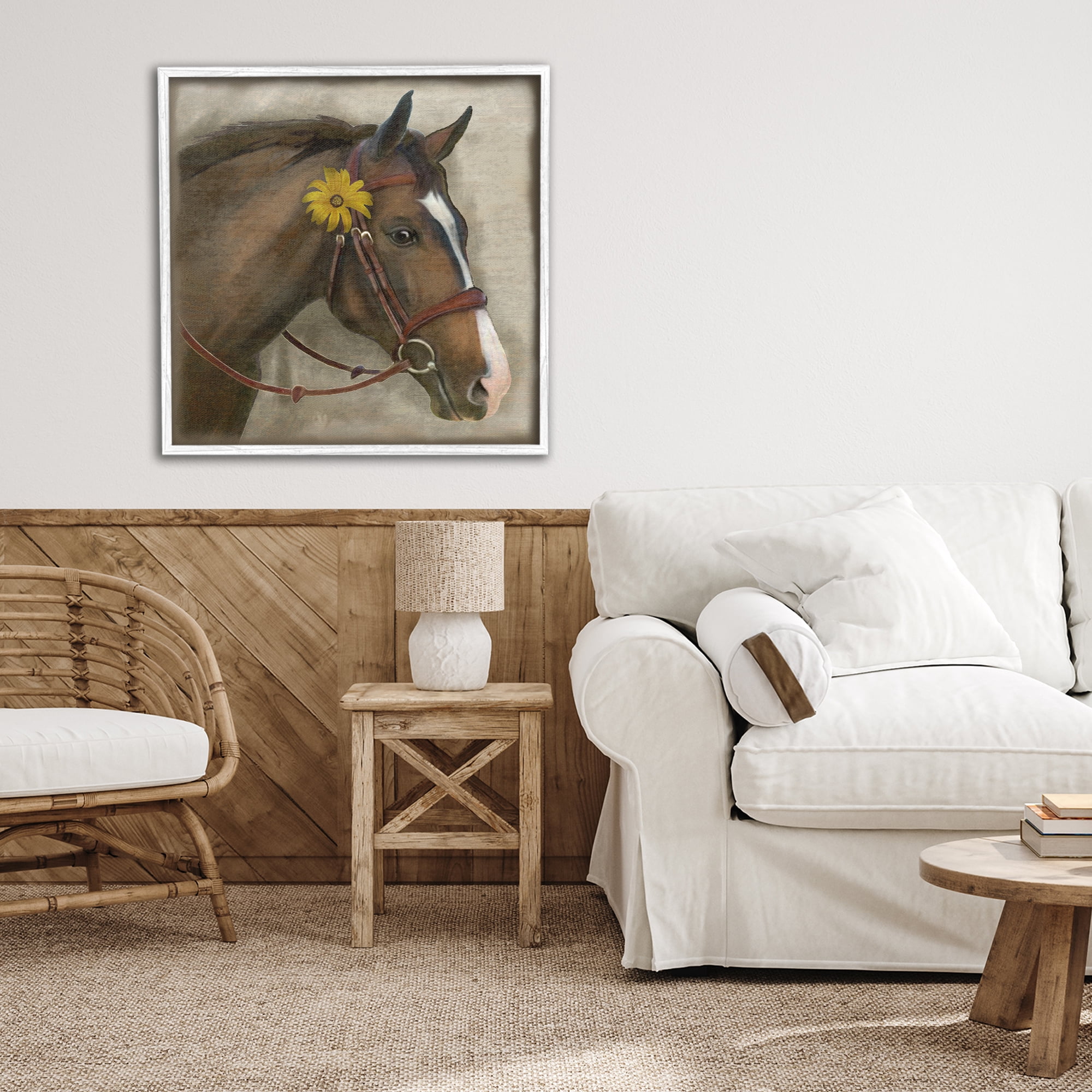 Stupell Industries Barnyard Horse with Daisy White Framed Giclee Art, design by Suzanne Nicoll