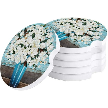 

FMSHPON Oil Painting Style White Flower in Vase Set of 2 Car Coaster for Drinks Absorbent Ceramic Stone Coasters Cup Mat with Cork Base for Home Kitchen Room Coffee Table Bar Decor