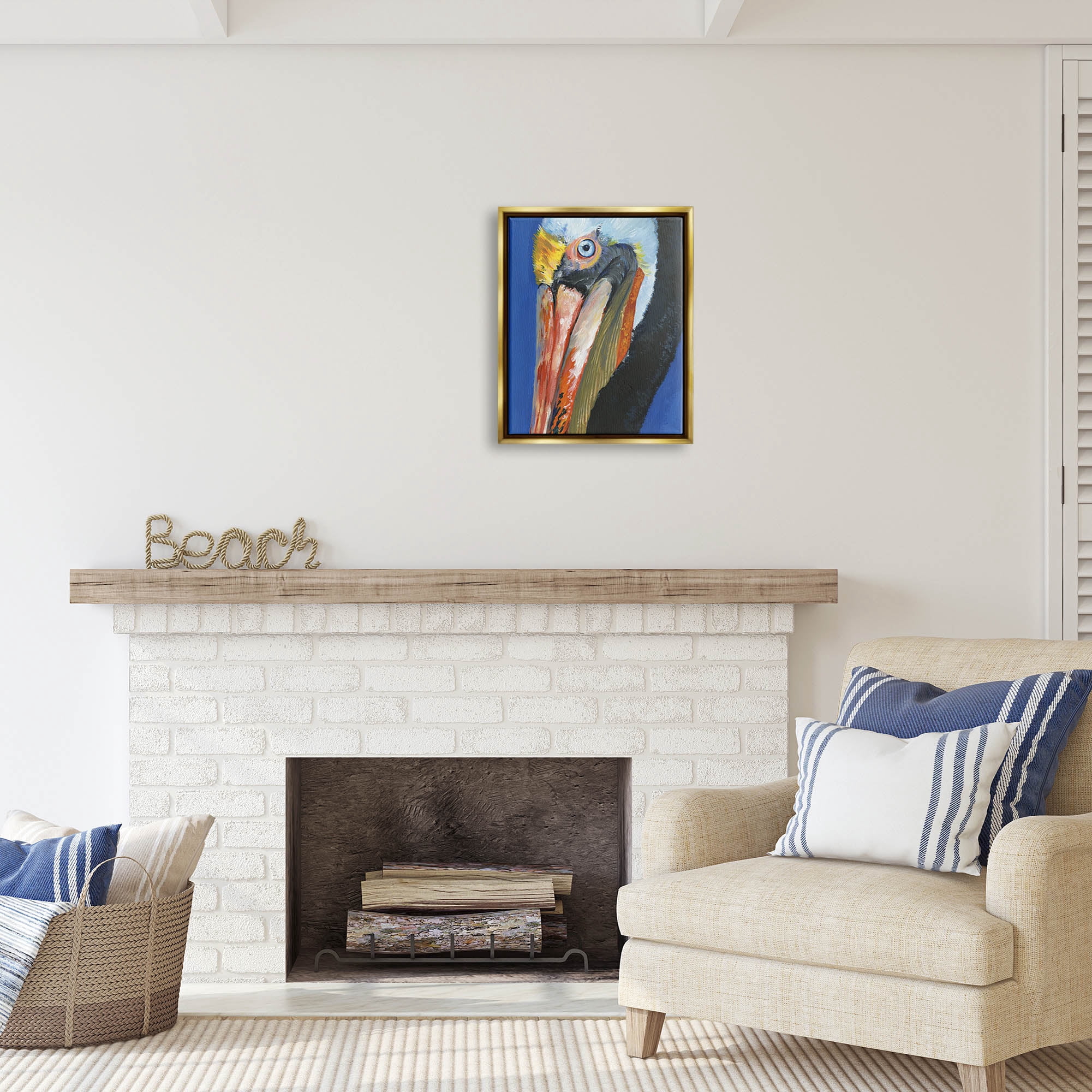 Stupell Industries Bold Blue Pelican Portrait Coastal Painting Gold Floater Framed Art Print Wall Art