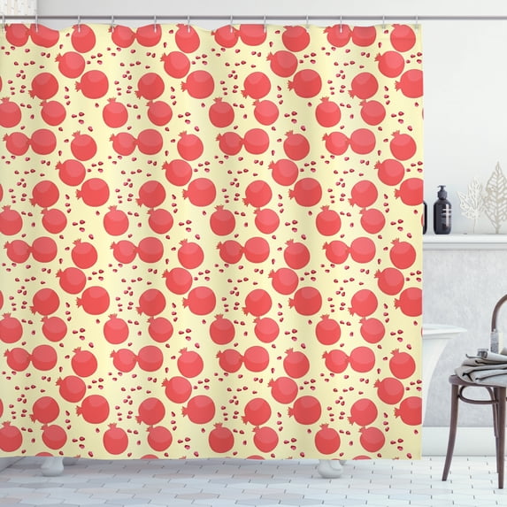 Vegan Shower Curtain, Pattern with Pomegranate Fruit and Seeds Antioxidant Ripe Food, Fabric Bathroom Set with Hooks, 69W X 84L Inches Extra Long, Cream Dark Coral and Dark Pink, by Ambesonne