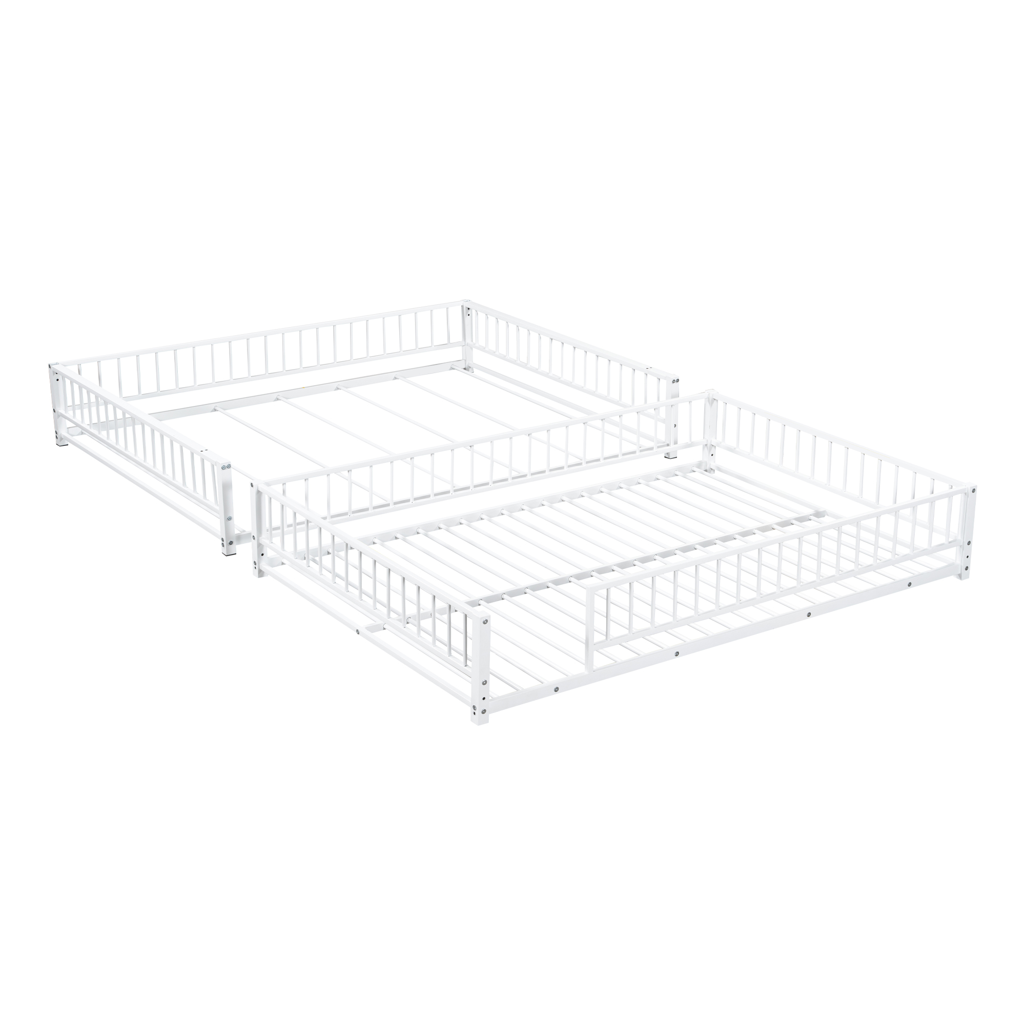 Full XL over Queen Bunk Bed, Heavy Duty Bunk Beds for Adults and Kids,Floor Bed Frame with Ladder and Safety Guardrails, Easy Assemble,White