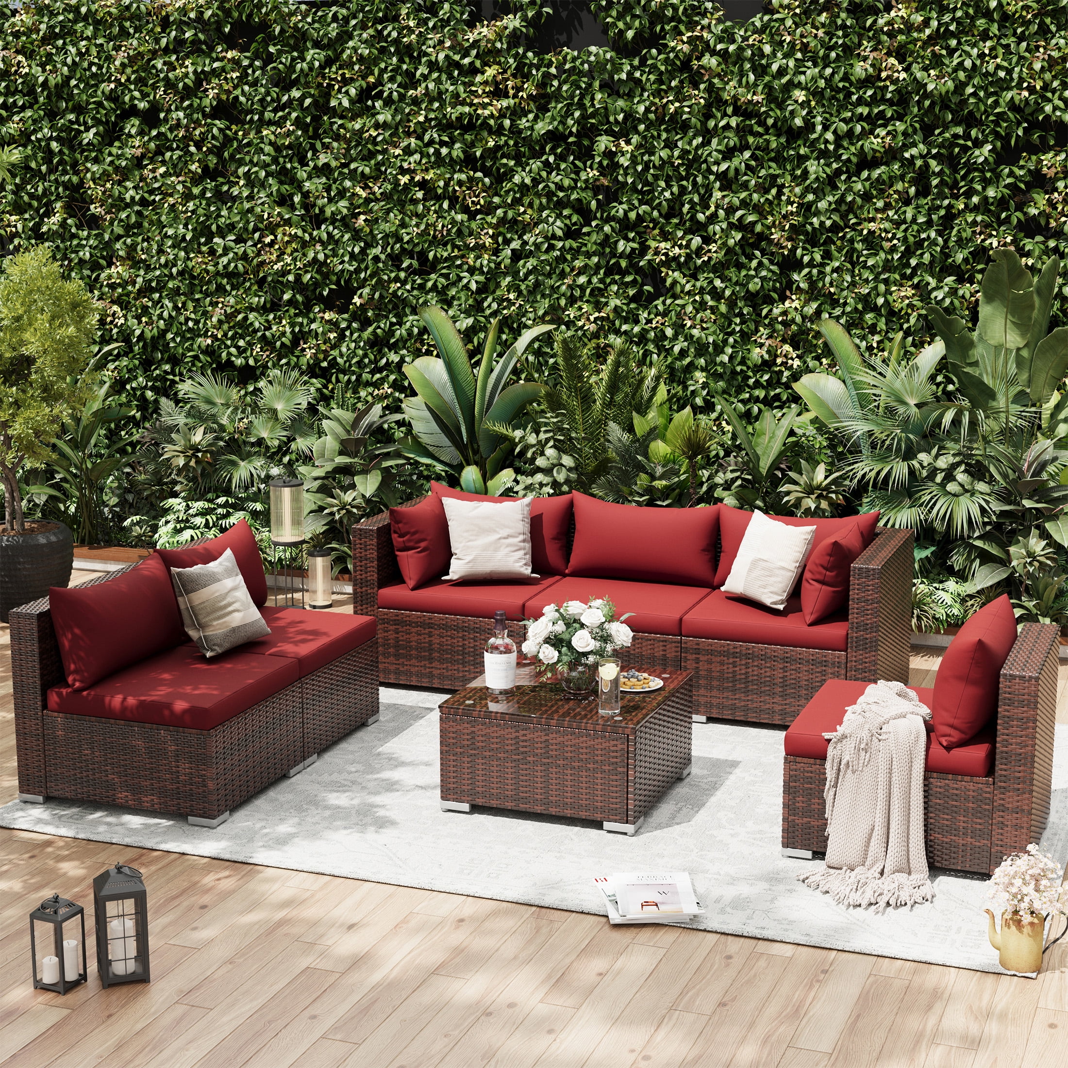 UDPATIO Patio Furniture Sets, Modular Rattan Outdoor Patio Sectional Furniture with 44" Fire Pit Table,, Wicker Patio Conversation Set for Backyard, Deck, Poolside w/Glass Coffee Table, 7PC Wine Red