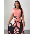 thumbnail image 3 of Pink Plus Size Women Botanical Print Round Neck Short Sleeve Maxi Dress Holiday Style, 3 of 8