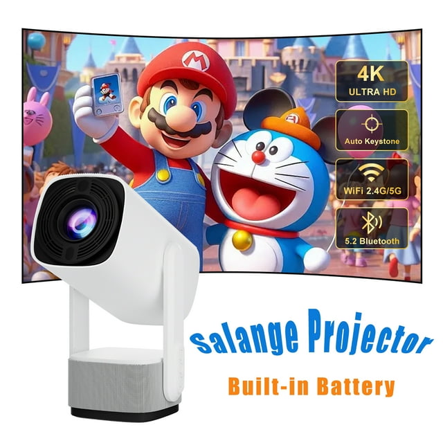 Salange Projecteur Intelligent Portable à Batterie Intégrée, Rechargeable, Prise en Charge HD 1080p 4K, Mise au Point Automatique, pour Cinéma Maison Extérieur, avec Wi-Fi et Bluetooth