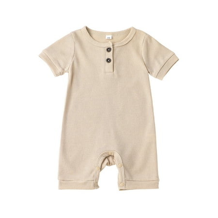 

Amuver Lovely Baby Romper Short Sleeve Round Neck Solid Color Ribbed Buttoned Short Pants for Summer Spring Kids Clothing