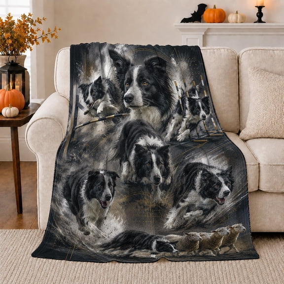 Dynamic Border Collie Herding Dogs Collage Art Energetic, Playful Pet Portrait Pattern, Warm Flannel Blanket for Living Room and Bedroom, Dog Moms Father's Day Gift, Pet Lover Home Decor