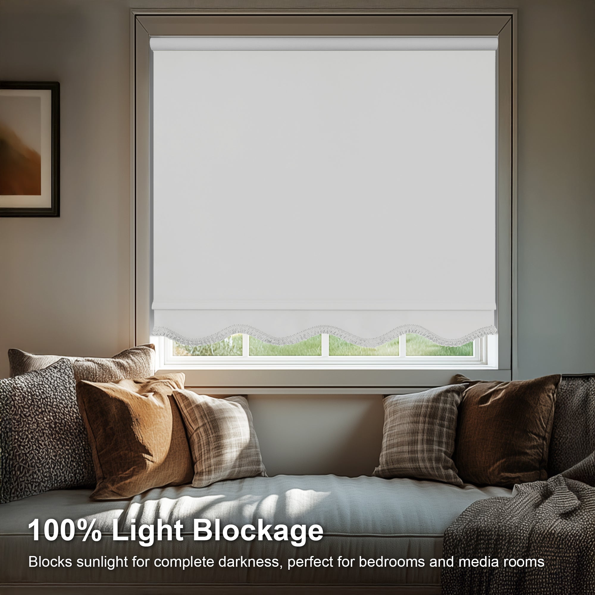 Chicology Blackout Roller Shades with Fringe | Cordless Light Filtering Window Blinds |72"W X 64"H| Decorative Privacy Shades for Home & Office | Easy Install | White