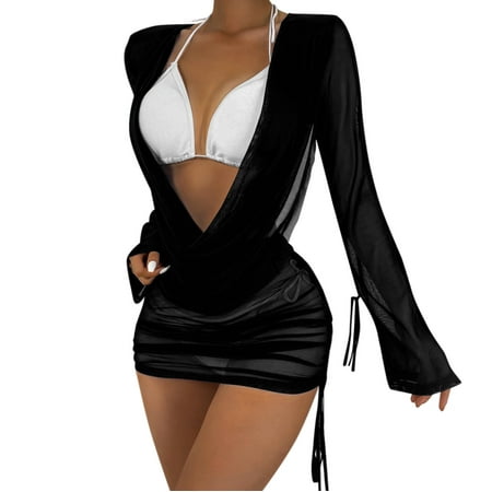 JDEFEG Plus Size Bathing Suits Women 3X Women Bikini Draped Front Drawstring Knot Backless Mesh Without Lingerie Mini Dress Beach Wrap Bikini Shiny Wrapss Raves for Women Black L