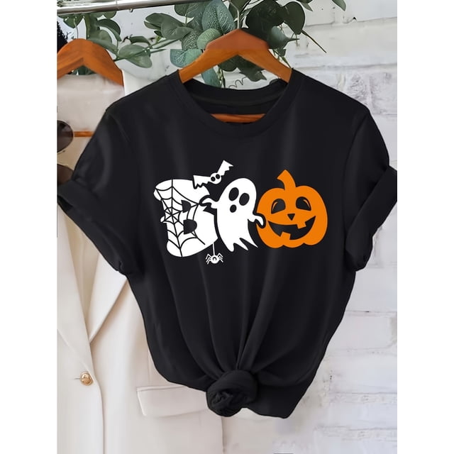 Women'S Halloween T-Shirt, Cotton Fabric, Short Sleeve Crew Neck Casual Top with Spider Ghost Pumpkin Print, Regular Length, all Seasons