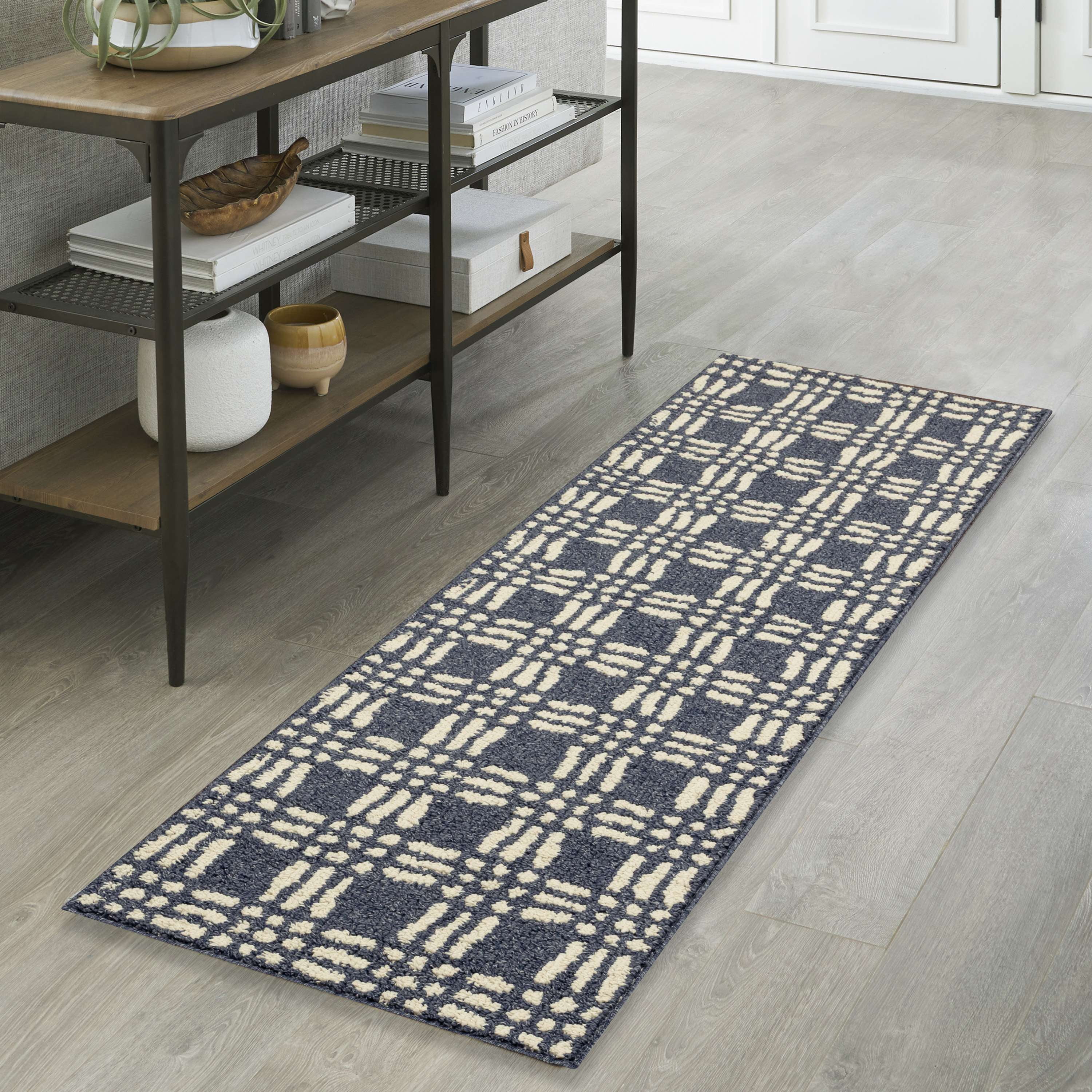 Mainstays Transitional Grid Plaid Blue Indoor Runner Rug, 2' x 6'