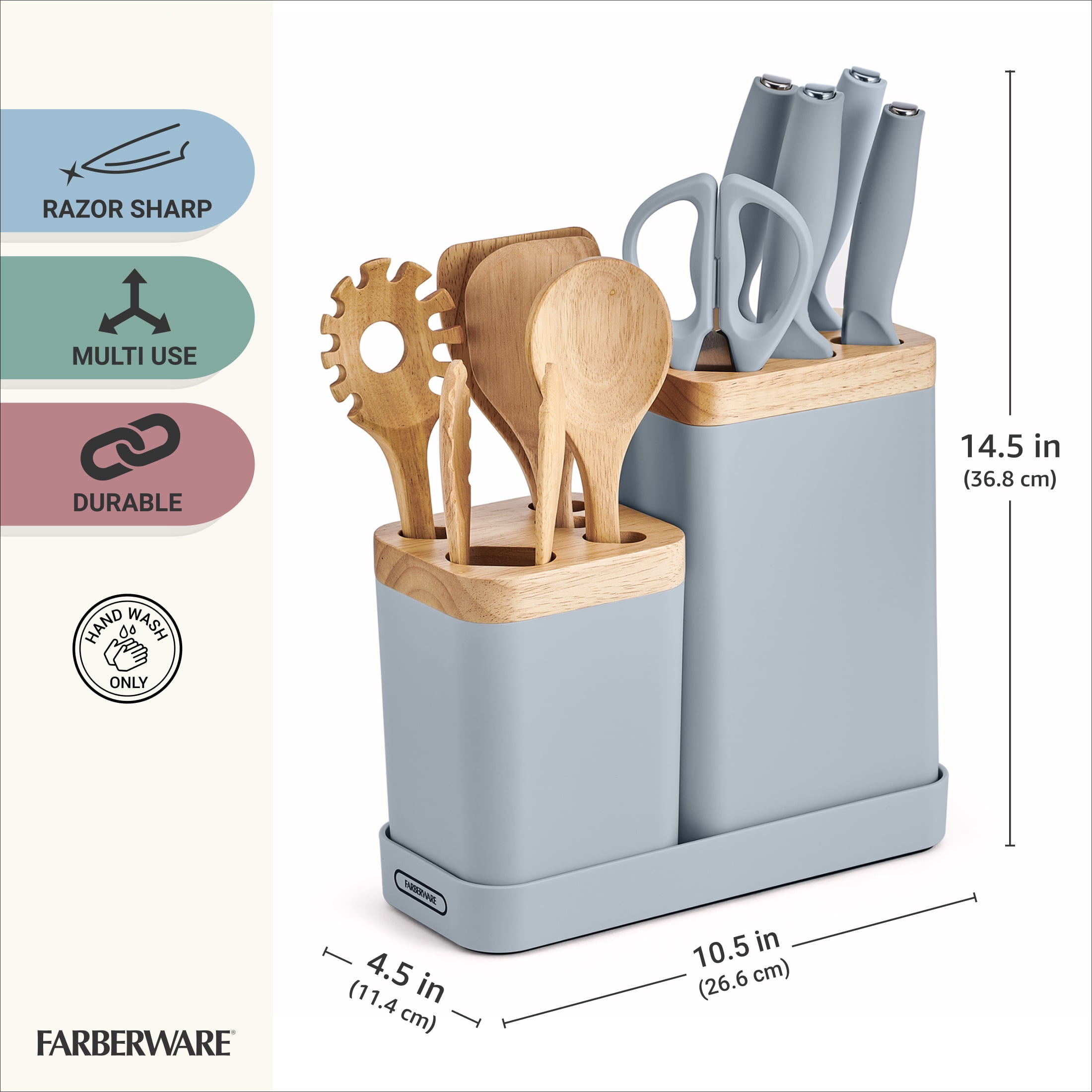 Farberware Professional Wood Kitchen Utensil and Knife Set with Counter Storage Slate, 13-Piece