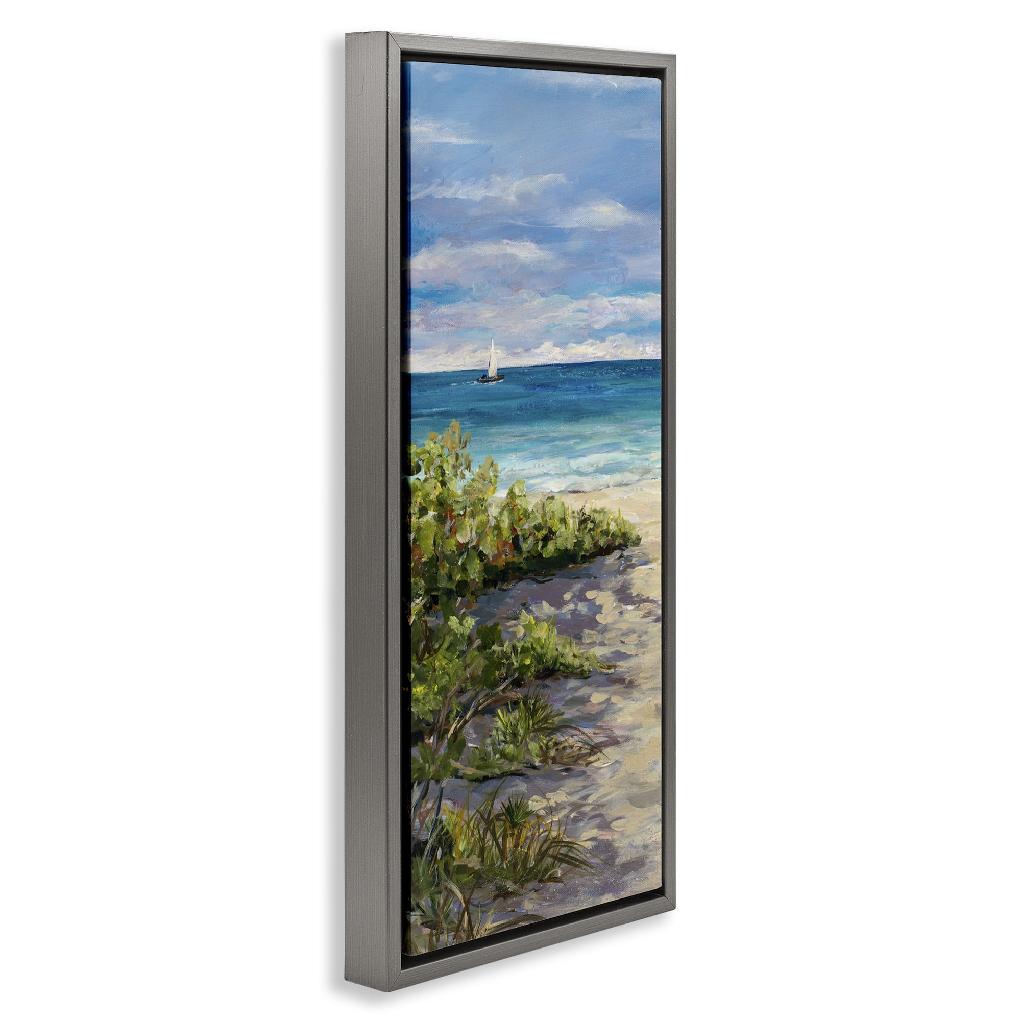 Stupell Industries Grassy Beach Shore Landscape Painting Gray Floater Framed Canvas Art Print Wall Art, 15 x 31