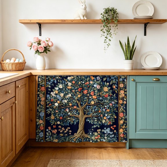Tree Floral Sink Skirt 11"Wx13"L,Dustproof Under Sink Curtain with Self Adhesive Tape,Boho Vintage Country Botanical Patterns Cabinet Curtain Cover for Bathroom Vanity,Kitchen Cabinet Storage Shelf