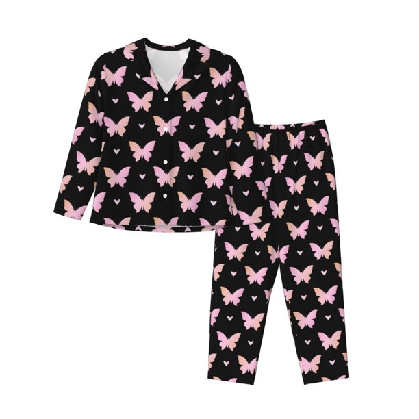 Balery Gradient Butterfly Conjunto de Pijama con Estampado para Mujer, Conjunto de Dos Piezas con Manga Larga, Ropa de Dormir Suave con Bolsillos, Pijamas Cómodos-Large