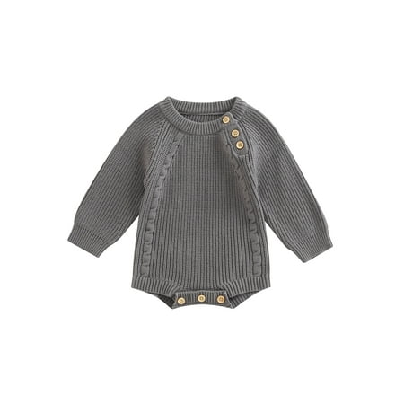 

Infant Baby Boys Girls Knitting Jumpsuit Solid Color Ribbed Long Sleeve Crew Neck Button Closure Romper