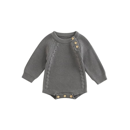 

Infant Baby Knitting Jumpsuit Solid Color Ribbed Long Sleeve Crew Neck Button Closure Romper for Boys Girls