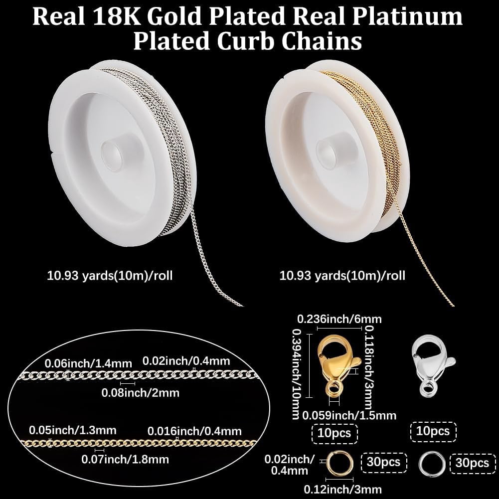 20M Link Cable Chains 18K Gold Plated Brass Jewelry Chains with 304 Stainless Steel Jump Rings & Lobster Clasps for Making Bracelets DIY Craft (Gold/Silver)