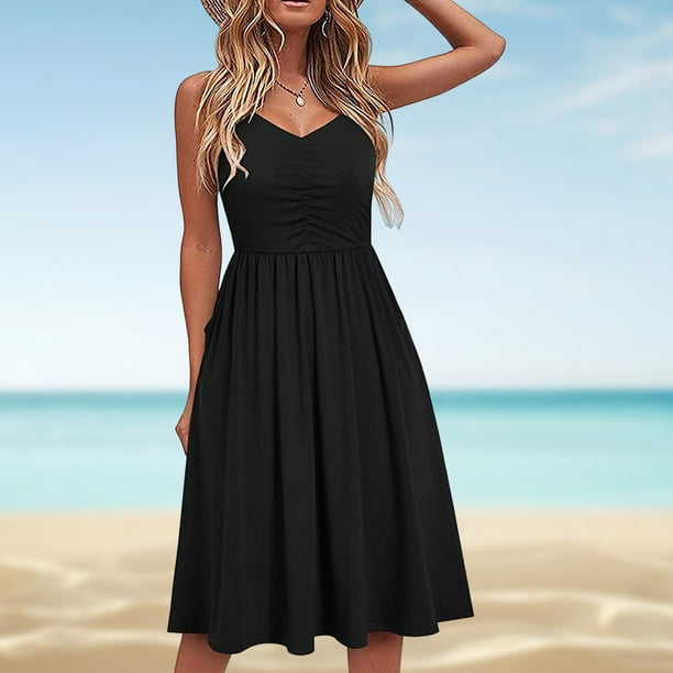 Vestido De Playa Con Tiras Vestido de playa de verano Vestido casual sin mangas Vestido simple para fiesta (Negro M) Kuymtek para Mujer Negro T XXL