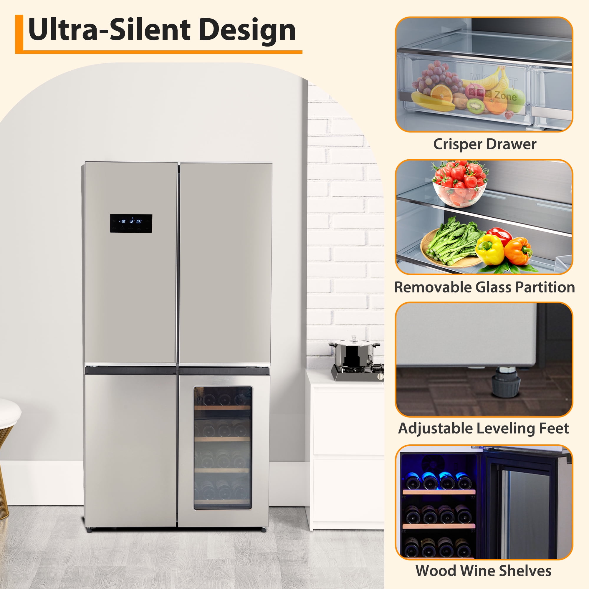 Festisoul 21 Cu.Ft Capacity Counter Depth French Door Fridge with Wine Cabinet, 4-Door Large French Refrigerator Frost-Free Cooling Stainless Steel Refrigerators for Home
