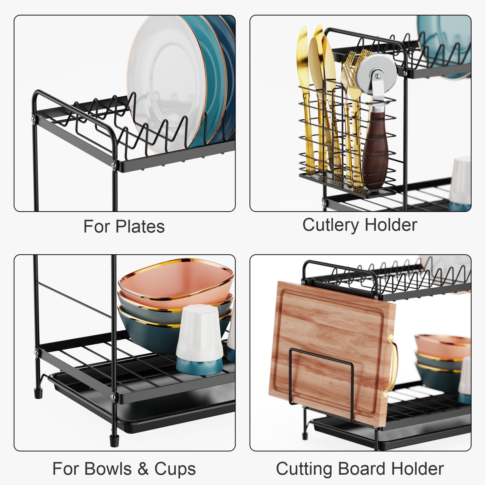 iSPECLE 2 Tier Dish Racks Dish Drainers with Water Tray Cutlery Holder for Small Kitchen Households Black, 18.90 x 8.27 x 11.81 Inches